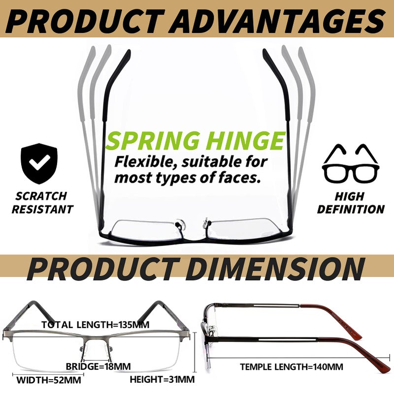 Jjwell 3 Pack Mens Reading Glasses Blue Light Blocking  Metal Rectangle Semi Rimless Readers For Men  Anti Eyestrain/Computer Glare/Uv  Half Frame Spring Hinge Eyeglasses With Pouches(1.75) - Image 3