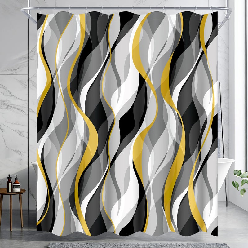 weesire Yellow and Grey Shower Curtain for Bathroom Yellow and Gray Shower Curtain Fabric Modern Abstract Striped Minimalist Bath Curtains Waterproof Shower Curtains Set  Yellow Gray White  72 x 72 Inch - Image 2