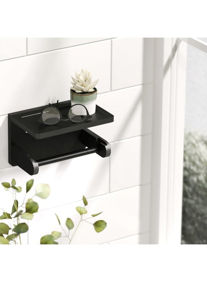 VERTORGAN Toilet Paper Holder with Phone Shelf,Bamboo Wall Mounted Tissue Roll Holder for Bathroom,Adhesive or Screw (Black) - Image 2