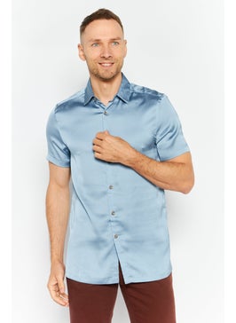 Asos Design Men Spread Collar Short Sleeve Plain Satin Casual Shirt, Dusty Blue  - Image 1