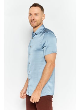 Asos Design Men Spread Collar Short Sleeve Plain Satin Casual Shirt, Dusty Blue  - Image 4