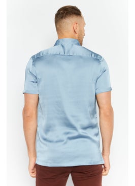 Asos Design Men Spread Collar Short Sleeve Plain Satin Casual Shirt, Dusty Blue  - Image 2