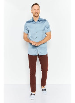 Asos Design Men Spread Collar Short Sleeve Plain Satin Casual Shirt, Dusty Blue  - Image 3