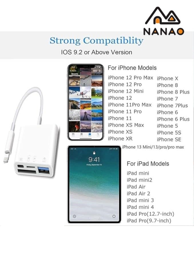 Lightning to SD Card Reader for iPhone,USB Camera Adapter 4 in 1 USB Female OTG Adapter Compatible SD/TF Card, Memory Card Reader Portable USB 3.0 Adapter,Sd Card Adapter with Fast Charging Port