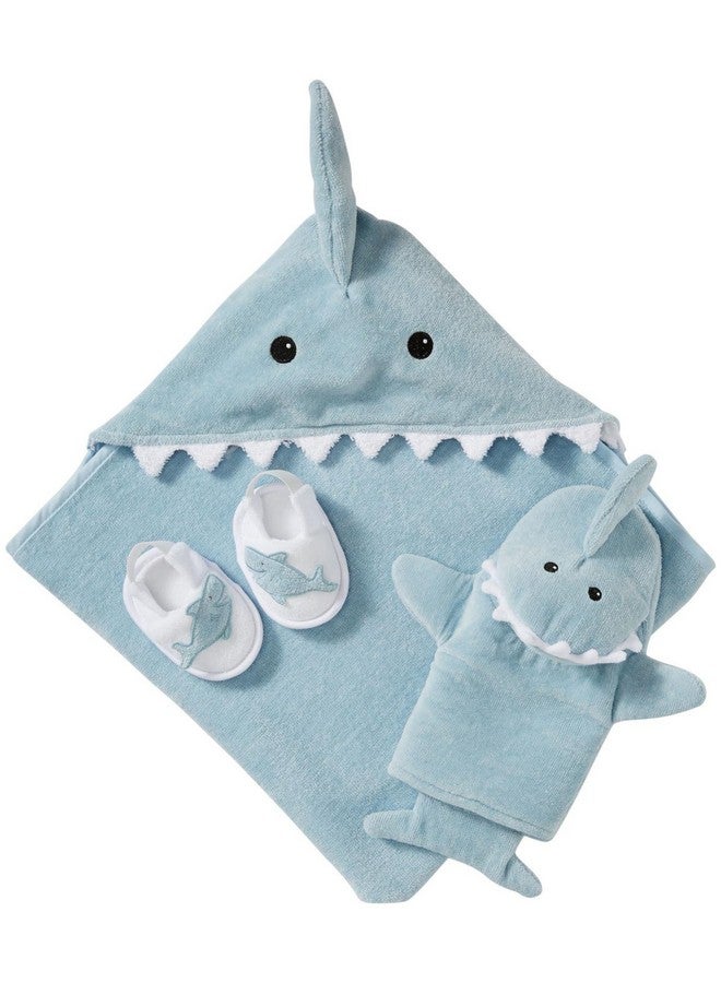 Baby Aspen Let The Fin Begin 4 Pc Bath Time Gift Set, Baby Shark Hooded Towel, Newborn, 0-9 Months, Blue - Image 1
