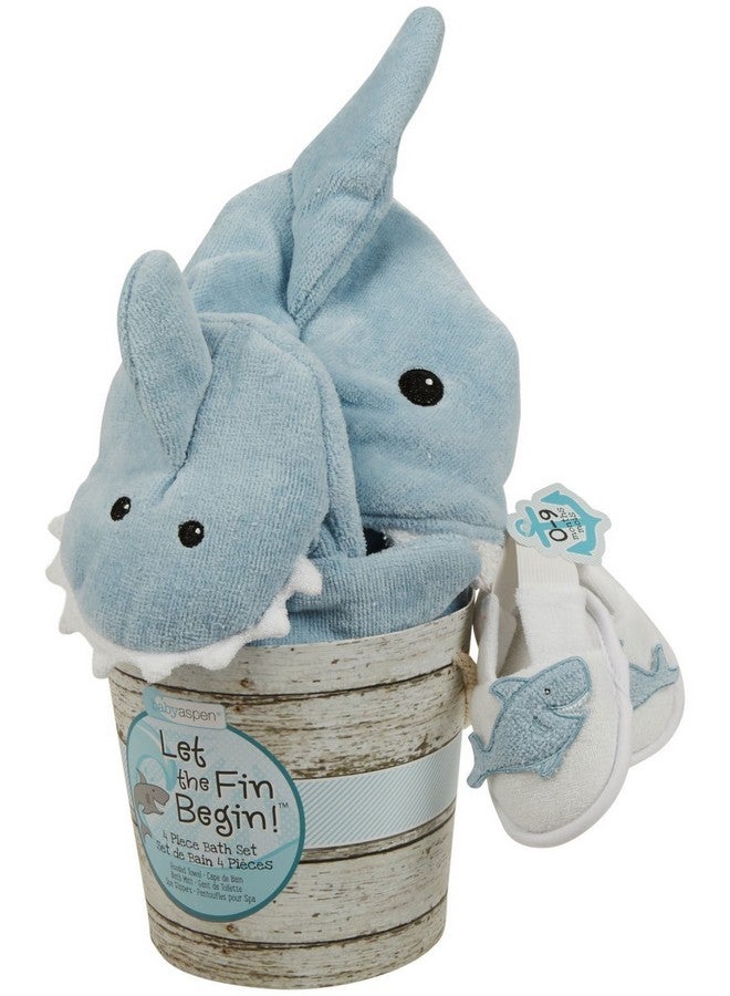 Baby Aspen Let The Fin Begin 4 Pc Bath Time Gift Set, Baby Shark Hooded Towel, Newborn, 0-9 Months, Blue - Image 4