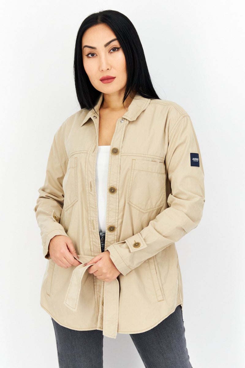 Aigle جاكيت نسائي سادة بأكمام طويلة وحزام، بيج - Image 1