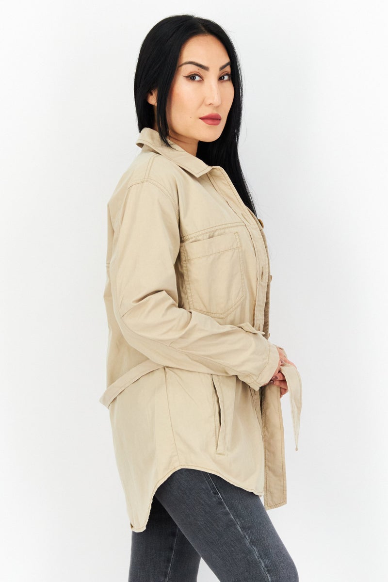 Aigle جاكيت نسائي سادة بأكمام طويلة وحزام، بيج - Image 4