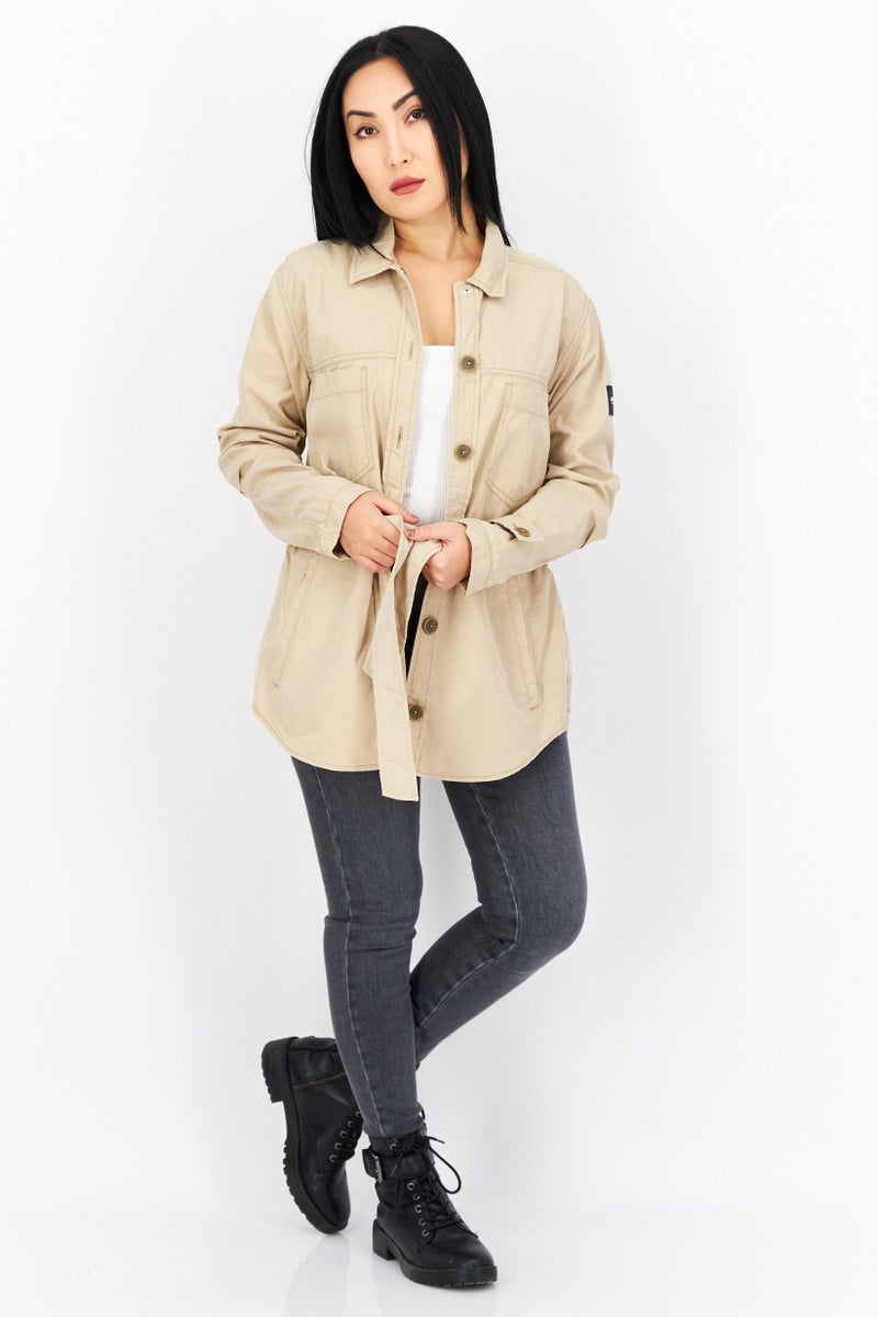 Aigle جاكيت نسائي سادة بأكمام طويلة وحزام، بيج - Image 2