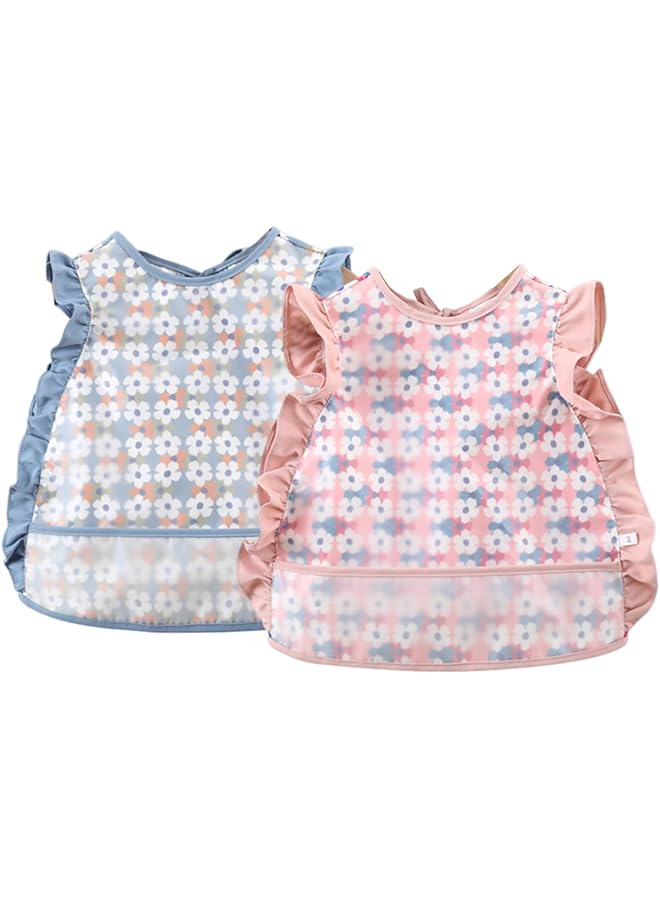 ECVV 2Pcs Ruffle Baby Bibs Mess Proof Infant Feeding Bibs With Food Catcher Waterproof Cute Flower Pattern Baby Smock Bib For Toddlers One Size - Image 1