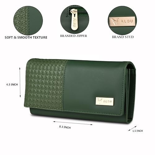 ALSU Women's Faux Leather Hand Wallet Clutch Trendy | 6 Card Slots | Phone Pocket | Zipper Pockets| Hand Purse (Green) - Image 4