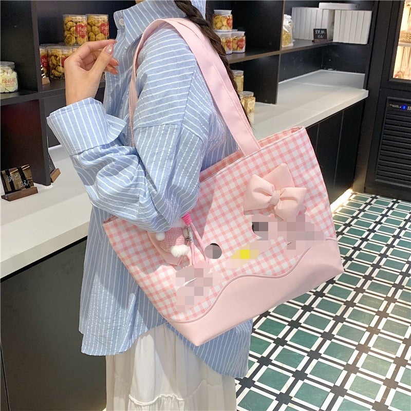 Cute Checkered Cat Print Large Capacity Tote Bag for Women - Image 4