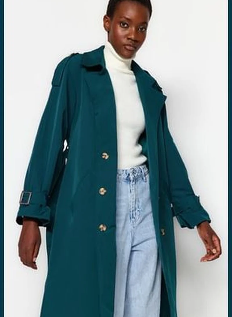 trendyol Dark Green Oversized Wide-Cut Belted Water-repellent Long Trench Coat TWOSS21EN0005