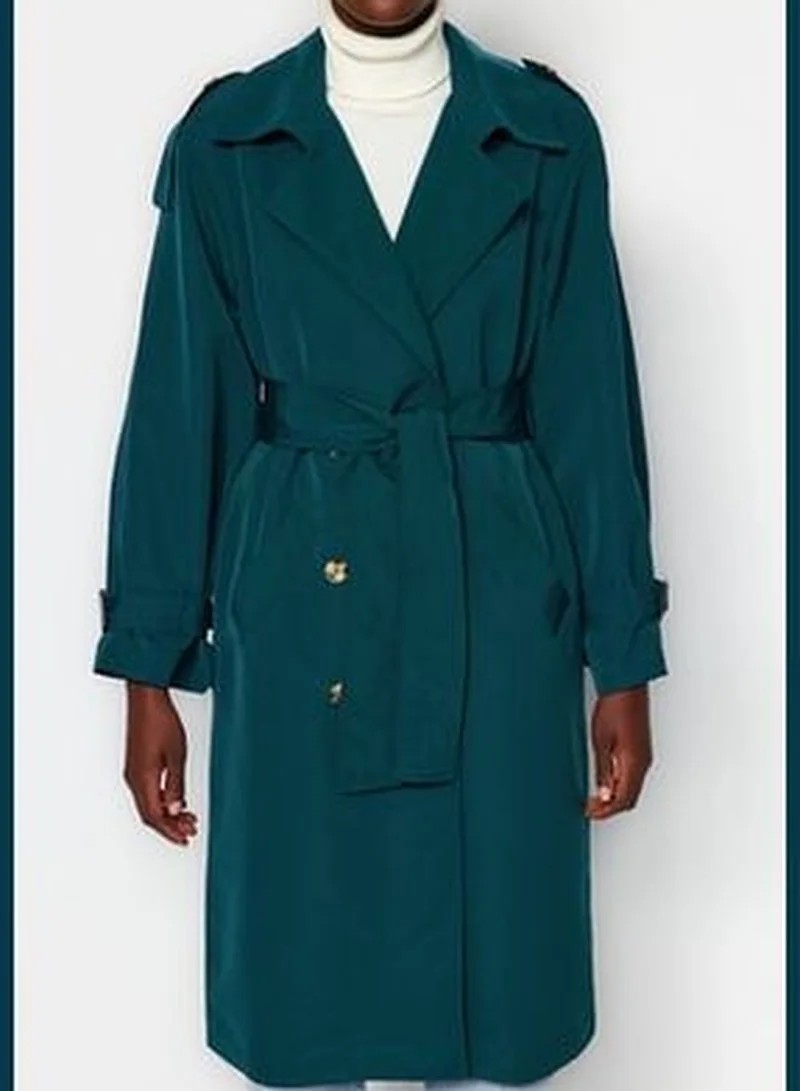 trendyol Dark Green Oversized Wide-Cut Belted Water-repellent Long Trench Coat TWOSS21EN0005