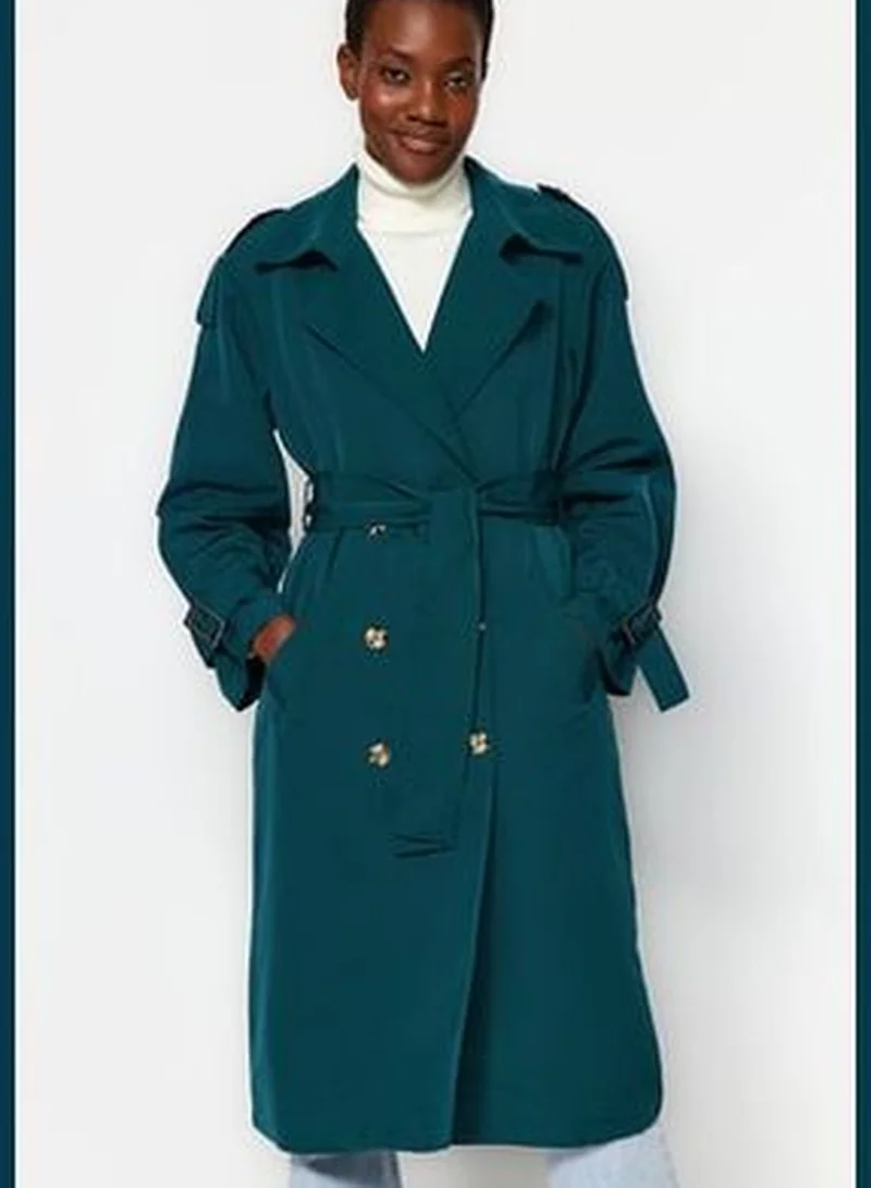 trendyol Dark Green Oversized Wide-Cut Belted Water-repellent Long Trench Coat TWOSS21EN0005