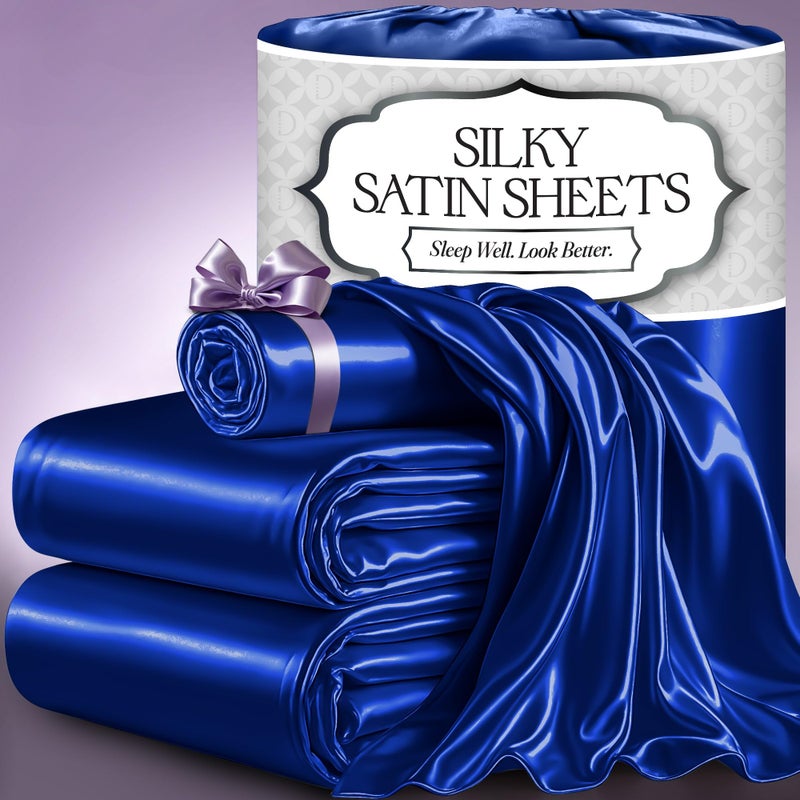 DECOLURE Satin Bed Sheets  4 Piece Luxury Silky King Size Bedding Set  Softer Than Silk WrinkleFree with 15 Deep Pocket Fitted Sheet Perfect for Hair  Skin Gifts for Women Blue