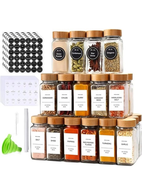 Spice Set, Glass Spice Jar Set with Bamboo Lid, 24 Piece Set with Strainer, Spice Organizer Labels, Cleaning Brush, Pen and Funnel