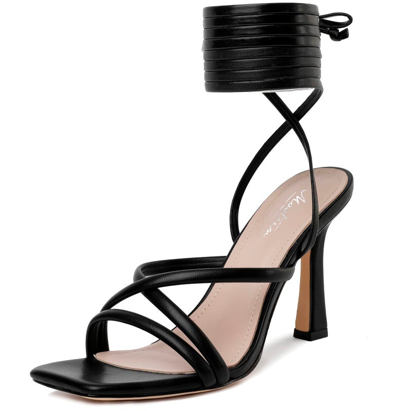 Mostrin Black Strappy Heels for Women Lace Up Heels Tie Up Stiletto High Heeled Sandals Square Open Toe Heels for Prom, Party Size 7 - Image 1