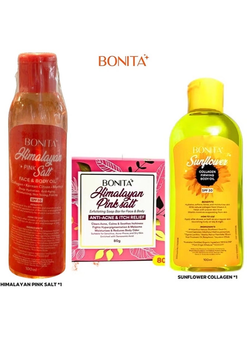 بونيتا مجموعة من زيت ملح الهيمالايا الوردي 100 مل & صابون ملح الهيمالايا الوردي 80 جرام & وزيت كولاجين دوار الشمس للوجه والجسم 100 مل - Image 2