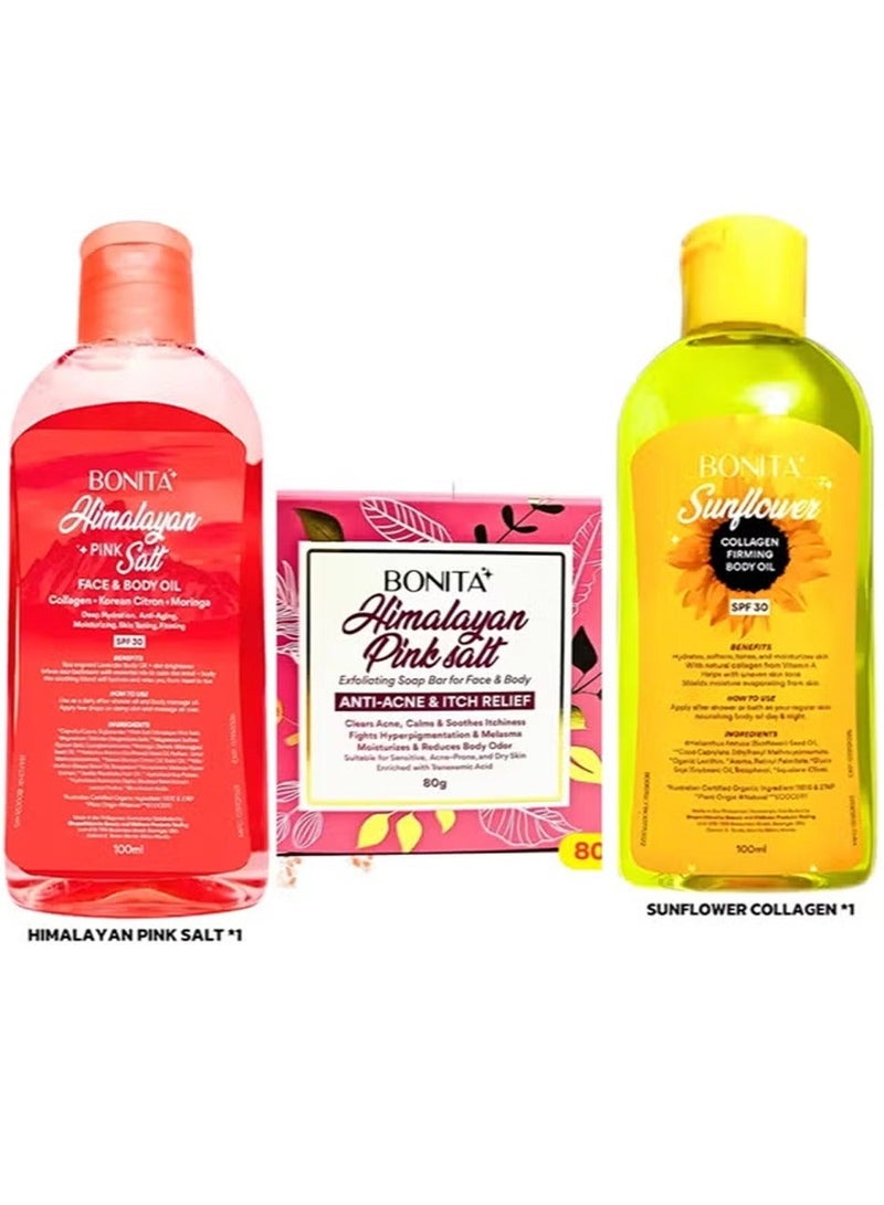 بونيتا مجموعة من زيت ملح الهيمالايا الوردي 100 مل & صابون ملح الهيمالايا الوردي 80 جرام & وزيت كولاجين دوار الشمس للوجه والجسم 100 مل - Image 1