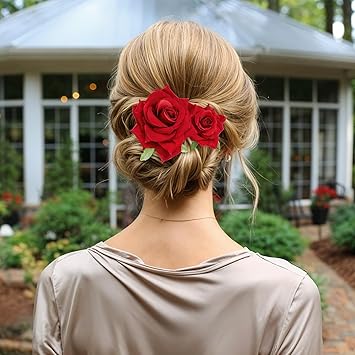 Apausvcm Red Rose Flower Hair Clip Bohemia Flannel Elegant Hairpins Artifical Rose Flower Flamenco Dancer Floral Barrettes Prom Party Wedding Bridal Hair Accessories Headpieces for Women Girls Party Wedding - Image 3