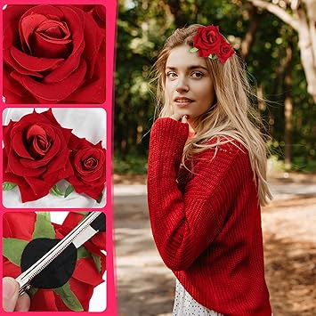Apausvcm Red Rose Flower Hair Clip Bohemia Flannel Elegant Hairpins Artifical Rose Flower Flamenco Dancer Floral Barrettes Prom Party Wedding Bridal Hair Accessories Headpieces for Women Girls Party Wedding - Image 4