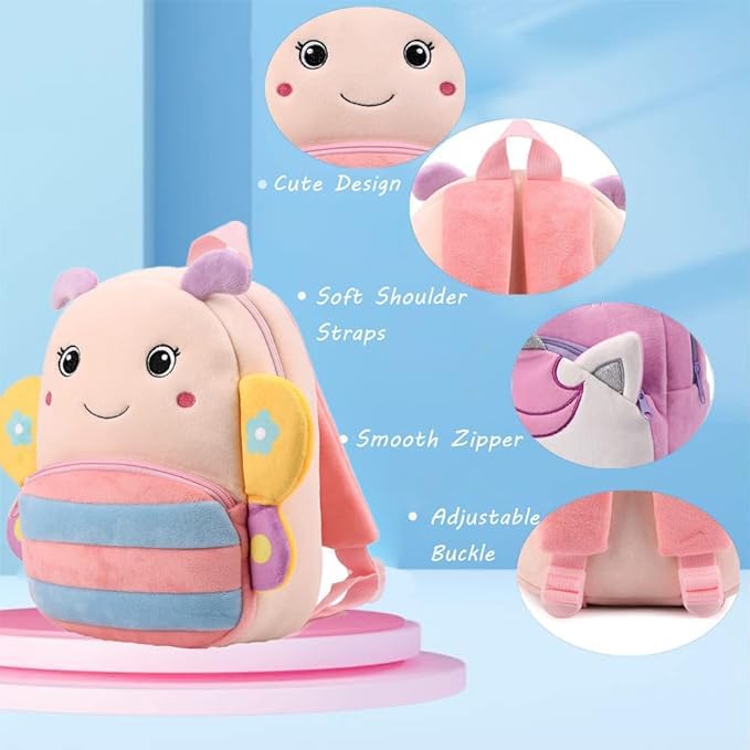 Frantic Kids Soft Animal Cartoon Travelling School Bag Soft Plush Standard 2 Compartment Backpack Boys Girls Baby For 2 To 5 Years Baby/Boys/Girls Nursery, Preschool, Picnic(Pink_Butterfly_2024_B) - Image 3