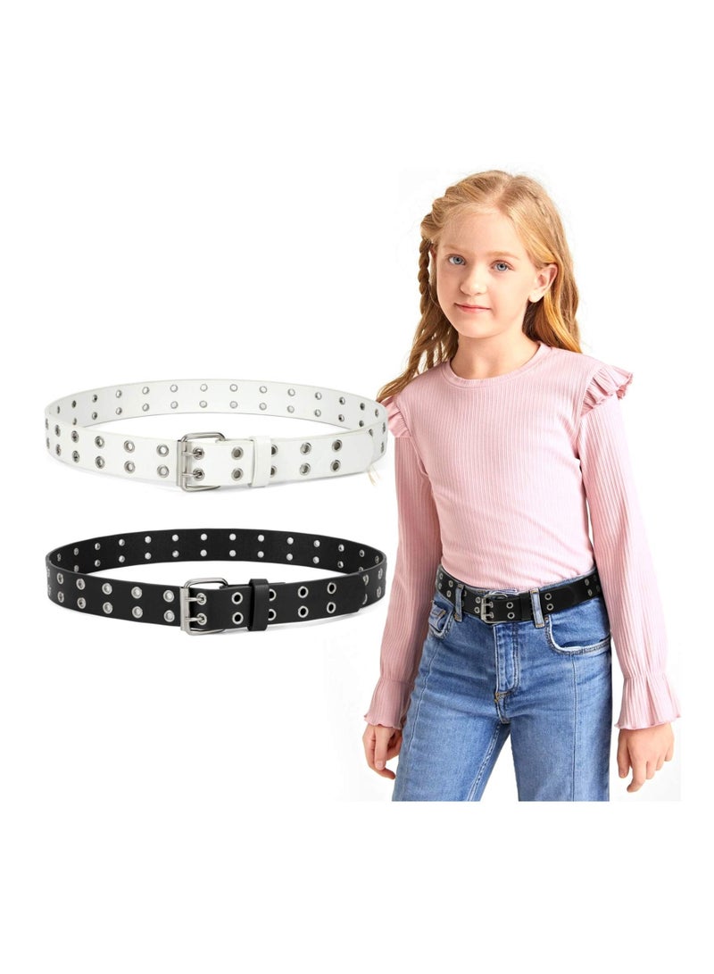 Y&D Kids Double Grommet Belt, for Girls and Boys, Pu Leather Studded Holes Belt School Uniforms, Jeans, Dress Blouse, Skinny Fashion Thin Waist Vintage Design  - Image 1