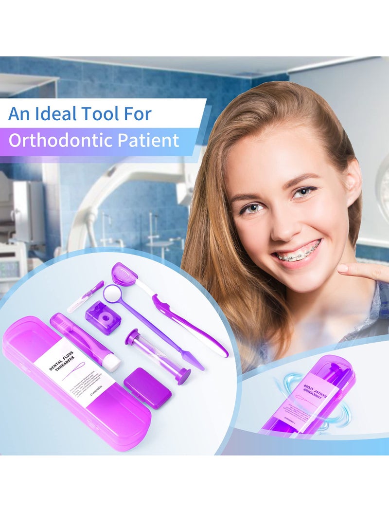 KASTWAVE Braces Cleaning Kit, 8 Pack Orthodontic Care Kit Orthodontic Toothbrush Travel Toothbrush Brush Ortho Wax Floss, Oral Mirror Dental Floss Threaders, Hourglass Timer Included - Image 1