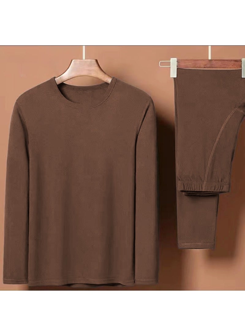 Generic - Autumn and winter fleece warm suit mens underwear cold-proof double-sided fleece long johns Brown - Image 1