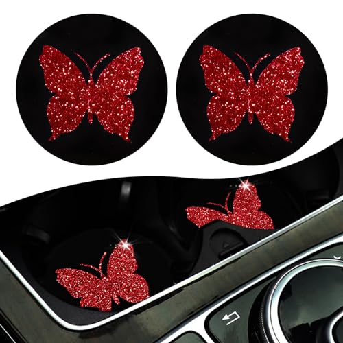 UGSHY 2 PCS Bling Car Beautiful Butterfly Water Coaster 275 Round Rhinestone Dreamy Cup Holder Decoration NonSlip Insulated Beverage Coffee Coaster Universal for Car Accessory Red Black - Image 1