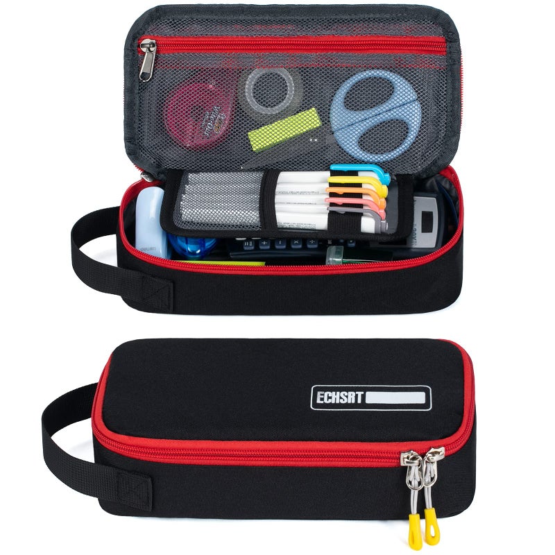 ECHSRT Large Pencil Case, Aesthetic Pen Pouch with Big Capacity, Minimalist Portable Stationery Bag with Handle for Office Organizer Black Pencil Cases - Image 1