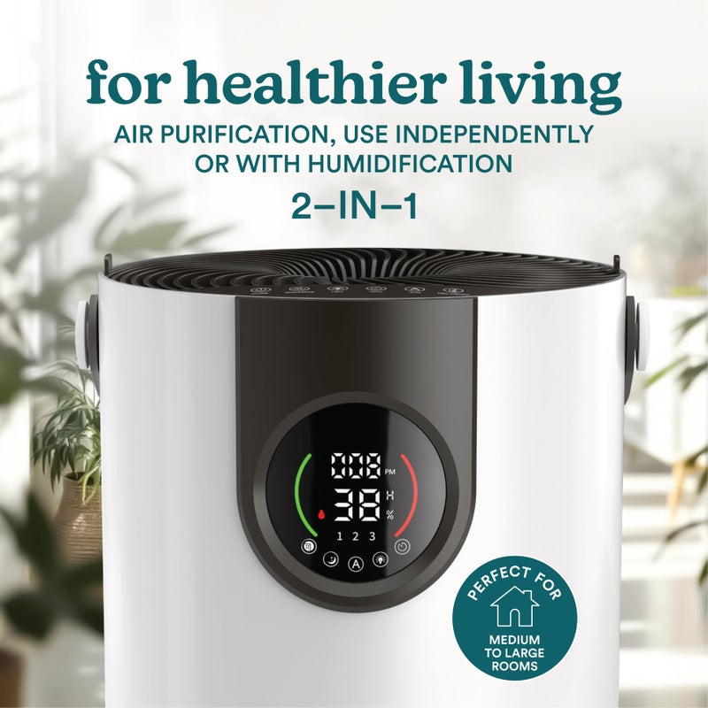 HoMedics هوميدكس جهاز تنقية الهواء ومرطب الهواء 2 في 1 للغرف الكبيرة، جهاز تنقية هواء HEPA، ترطيب مُصفى، مستشعر جودة الهواء الرقمي، وضع تلقائي، تصميم برج للمنزل، بدون ضباب مرئي - Image 2