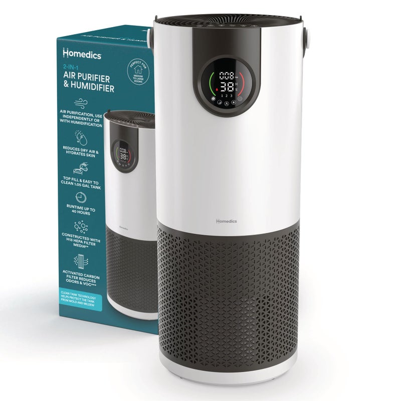 HoMedics هوميدكس جهاز تنقية الهواء ومرطب الهواء 2 في 1 للغرف الكبيرة، جهاز تنقية هواء HEPA، ترطيب مُصفى، مستشعر جودة الهواء الرقمي، وضع تلقائي، تصميم برج للمنزل، بدون ضباب مرئي - Image 1