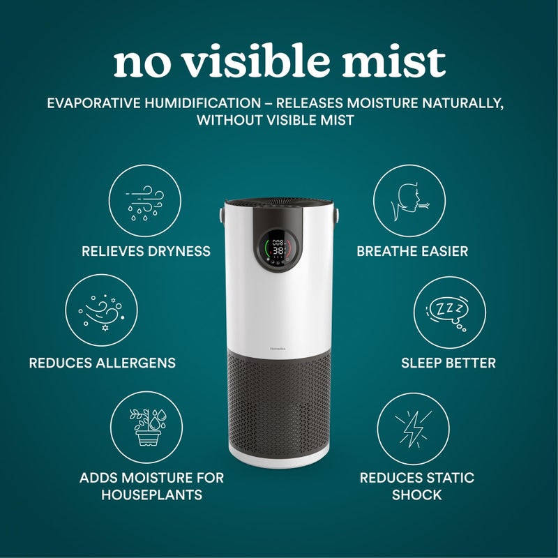 HoMedics هوميدكس جهاز تنقية الهواء ومرطب الهواء 2 في 1 للغرف الكبيرة، جهاز تنقية هواء HEPA، ترطيب مُصفى، مستشعر جودة الهواء الرقمي، وضع تلقائي، تصميم برج للمنزل، بدون ضباب مرئي - Image 3