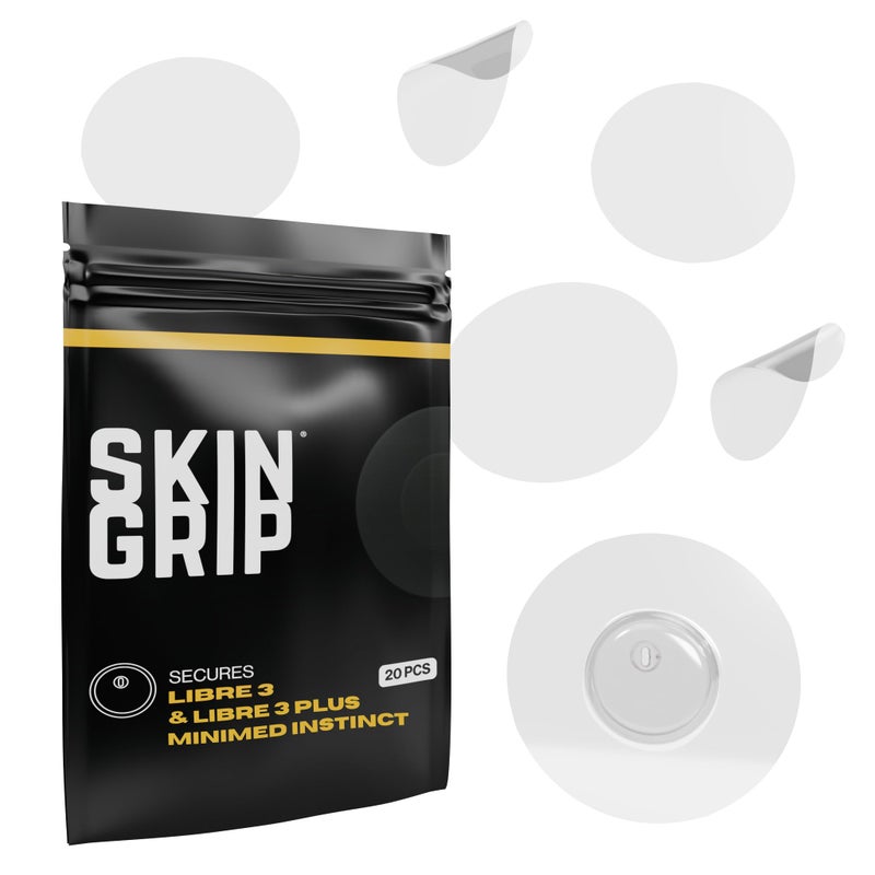 Skin Grip Freestyle Libre 3 Sensor Covers-Waterproof & Sweatproof Adhesive Patches for 10-15 Days (Not for Libre2), Pre-Cut CGM Diabetic Sensors Cover, Compatible with Instinct Sensors- 20 Pack, Clear - Image 1