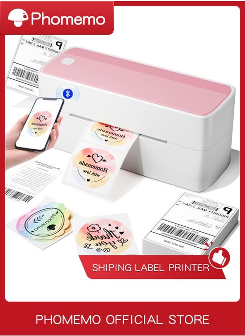241-BT Bluetooth Thermal Label Printer,  Wireless Shipping Label Printer for Small Business, Label Printer for Shipping Packages, Compatible with iPhone, Android .It contains 10 sheets of 4X6" white paper.(White+Pink)