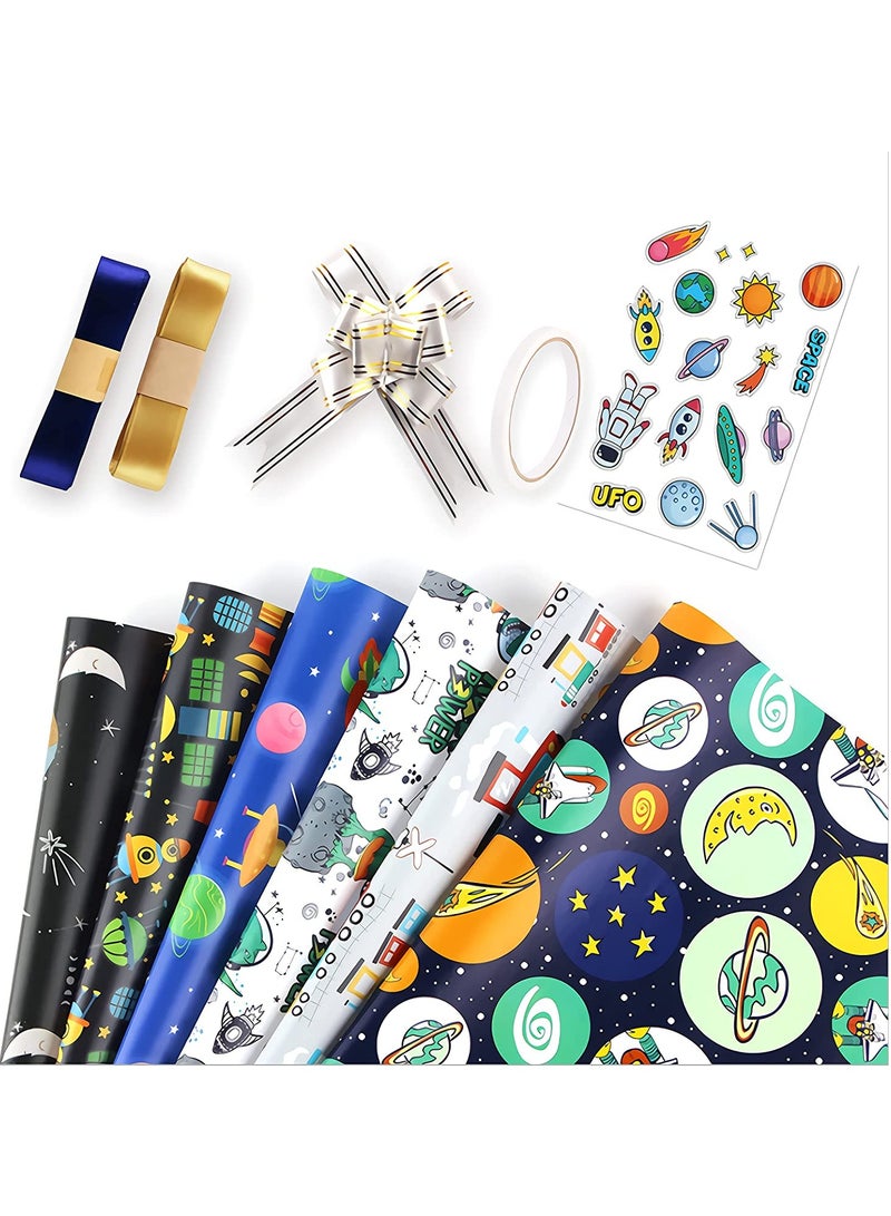 Zikra Gift Wrapping Paper sheets Set, Cartoon Birthday Paper for Boys Kids Gift Bundle Per Sheet with Stripes Stickers for Party Craft 2 Different Color Ribbons Alien Outer Space Dinosaur Car 6 Sheets - Image 4