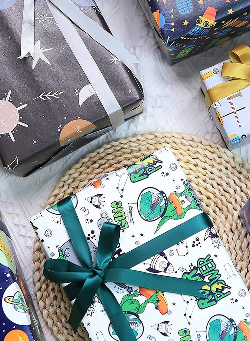 Zikra Gift Wrapping Paper sheets Set, Cartoon Birthday Paper for Boys Kids Gift Bundle Per Sheet with Stripes Stickers for Party Craft 2 Different Color Ribbons Alien Outer Space Dinosaur Car 6 Sheets - Image 3