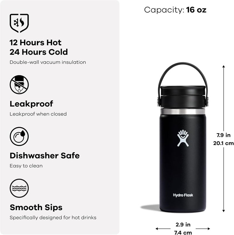 هايدرو فلاسك HYDRO FLASK - كوب قهوة متنقل بسعة 354 مل (12 أونصة) - من الفولاذ المقاوم للصدأ مع غطاء مرن مانع للتسرب - خالي من مادة BPA - فتحة واسعة - أسود - Image 1