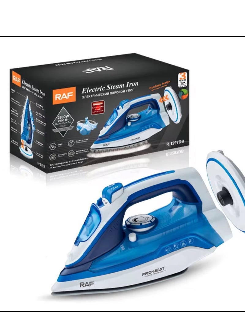 آر إيه أف مكواة بخار ذكية لاسلكية من RAF بقوة 2600 واط عالية الجودة، تعمل بالضغط العالي والجاذبية، لإزالة التجاعيد - Image 1