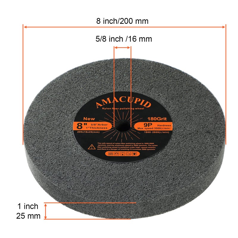 AmaCupid Deburring Wheels, Nylon Fiber Buffing Wheel 8 inch 9P Hardness. Polishing Stainless Steel, etc. Silicon Carbide Abrasive. for Bench Grinder Polishing Machine. 5/8 inch Arbor, 180 Grit - Image 4