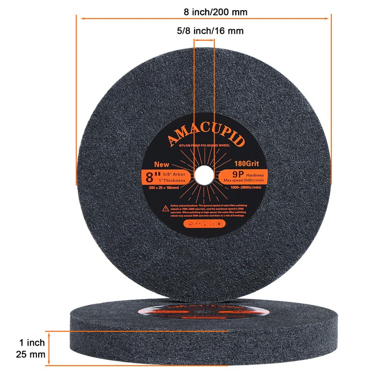 AmaCupid Deburring Wheels, Nylon Fiber Buffing Wheel 8 inch 9P Hardness. Polishing Stainless Steel, etc. Silicon Carbide Abrasive. for Bench Grinder Polishing Machine. 5/8 inch Arbor, 180 Grit - Image 3