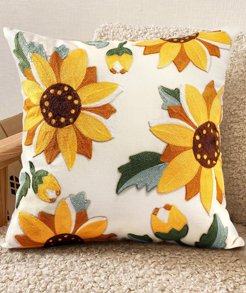 Kokaaee Embroidered Throw Pillow Cover 18x18 Decorative Pillow Cover with Zipper Aesthetic Cute Design Boho Spring Summer Throw Pillowcase for Living Room Couch Sofa Bed Sunflower - Image 2