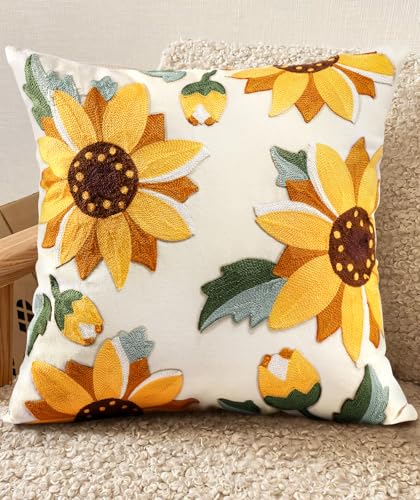 Kokaaee Embroidered Throw Pillow Cover 18x18 Decorative Pillow Cover with Zipper Aesthetic Cute Design Boho Spring Summer Throw Pillowcase for Living Room Couch Sofa Bed Sunflower - Image 1