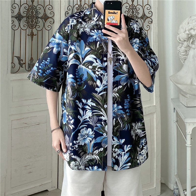 Japanese Style Beach Style Thin Vintage Floral Shirt Short-sleeved Floral Shirt Mens Loose Fashionable Couples All-match Half-sleeve Shirt Blue 1172 - Image 1