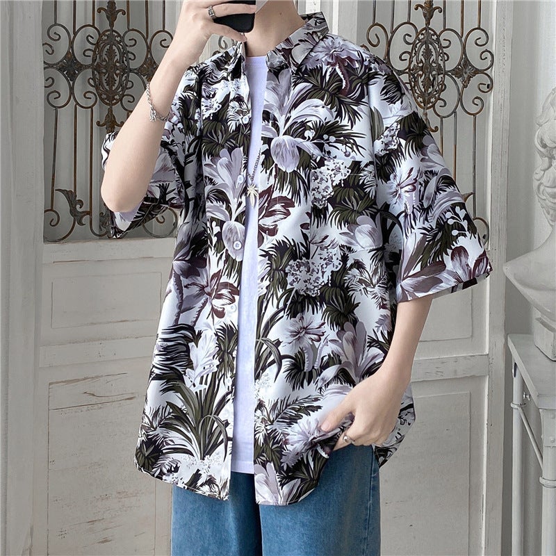Japanese Style Beach Style Thin Vintage Floral Shirt Short-sleeved Floral Shirt Mens Loose Fashionable Couples All-match Half-sleeve Shirt Blue 1172 - Image 3