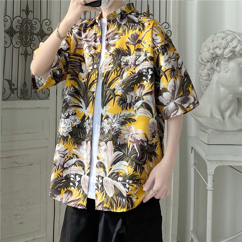 Japanese Style Beach Style Thin Vintage Floral Shirt Short-sleeved Floral Shirt Mens Loose Fashionable Couples All-match Half-sleeve Shirt Blue 1172 - Image 2