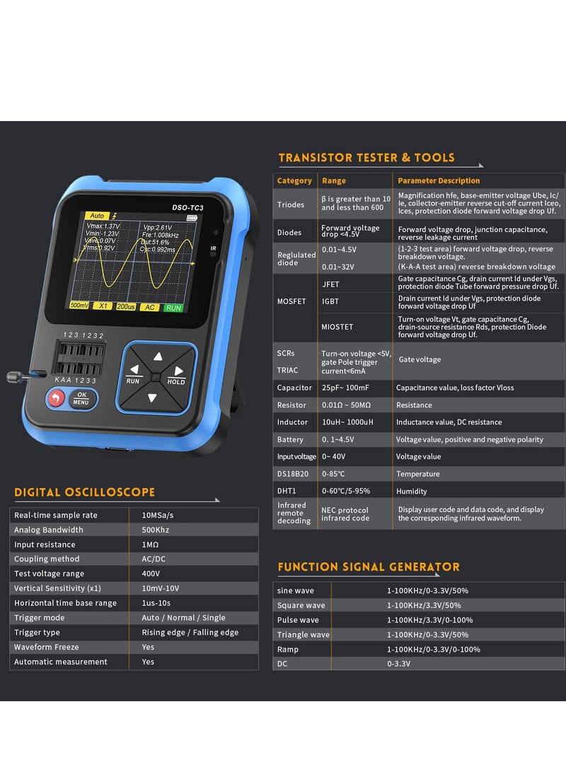 Excefore 3-in-1 Handheld Oscilloscope DSO-TC3, 500Khz Bandwidth 10MSa/s Sampling Rate, DDS Signal Generator, Transistor Tester, 6 Types of Waveforms, Transistors Measure  - Image 3