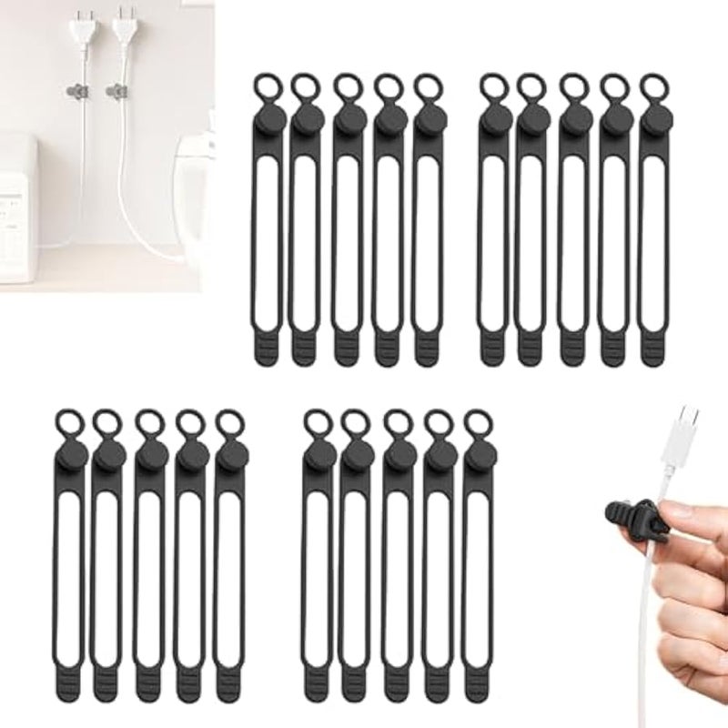 Silicone Cable Ties, 2025 Magnetic Data Cable Organizers Reusable Cable Ties Wire Organizer Adjustable Fastening Cable Straps Silicone Cable Straps Cord Organizer for Bundling (Black, 20Pcs) - Image 1